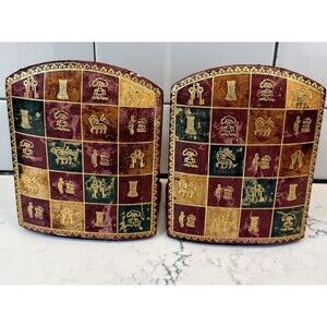 Vtg MCM Leather Bookends Red Green Checkerboard Hinged Glided Folding Set Castle